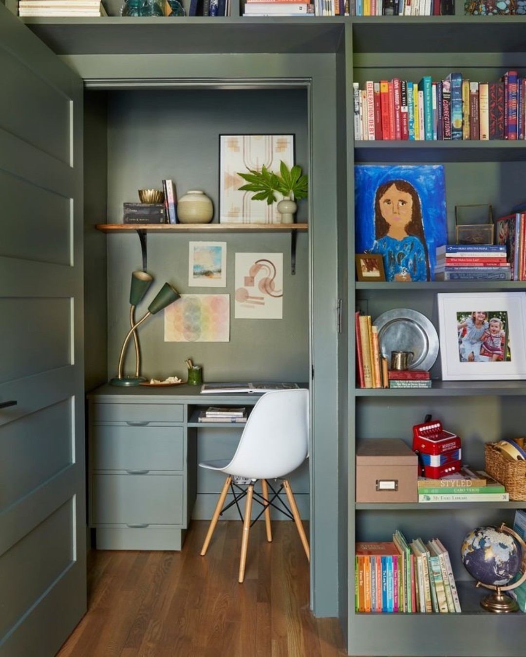 Green Desk With Integrated Drawers Creates a Compact Workspace