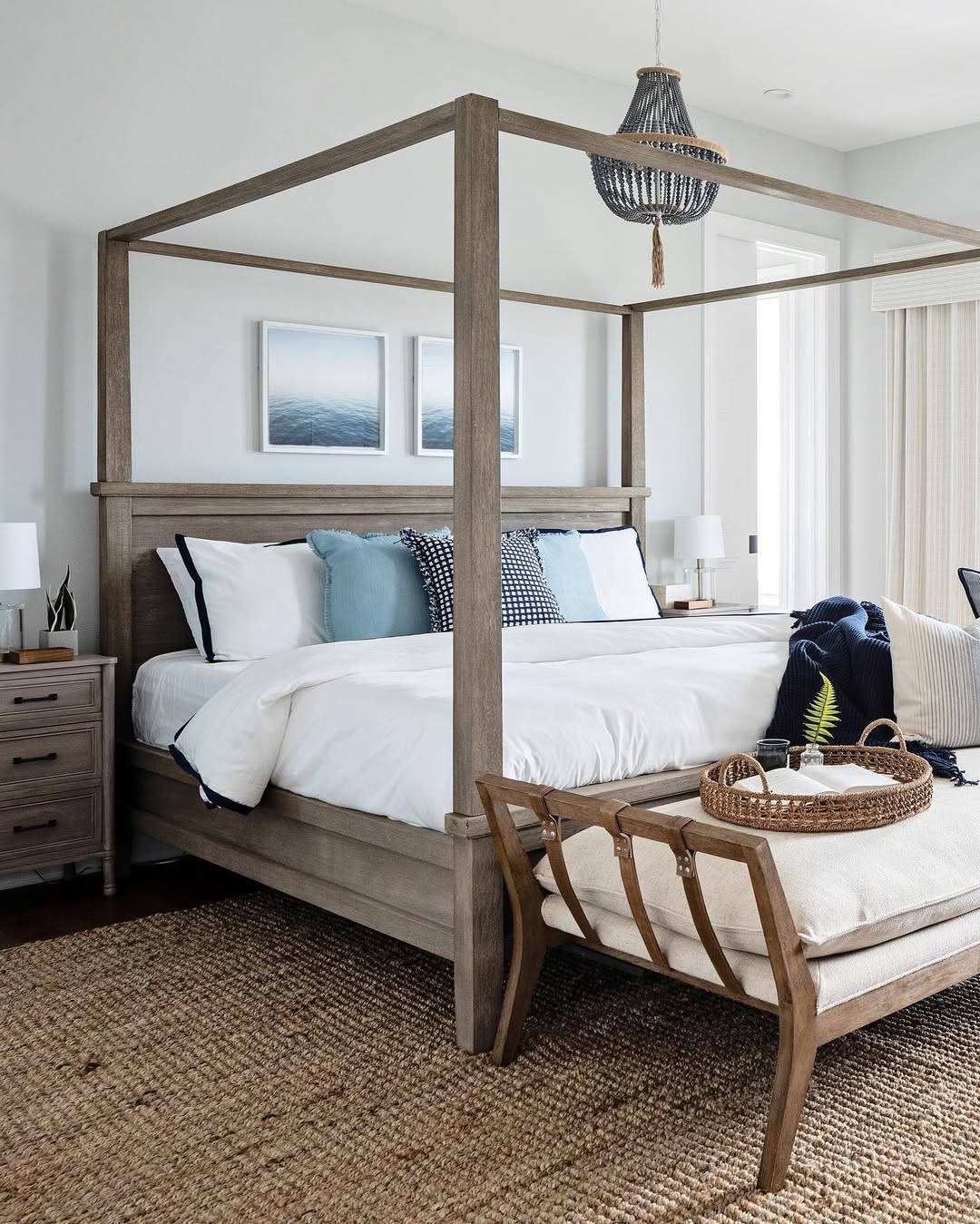 Bring Coastal Charm with a Wooden Bench and Woven Tray