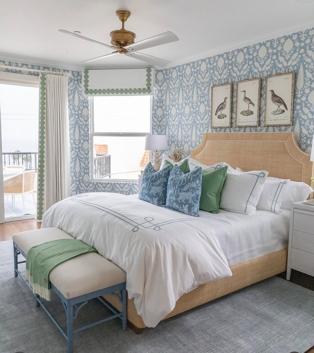 Triptych Bird Art Adds Natural Detail Above Headboard