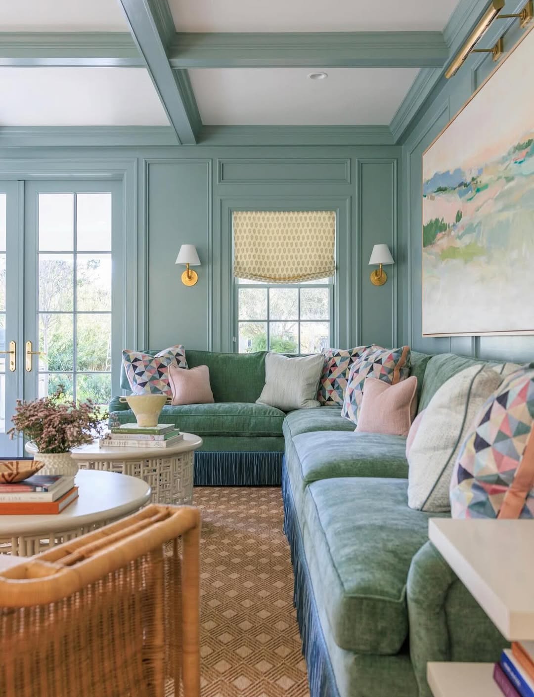 Green Sectional Sofa With Blue Fringe Skirt