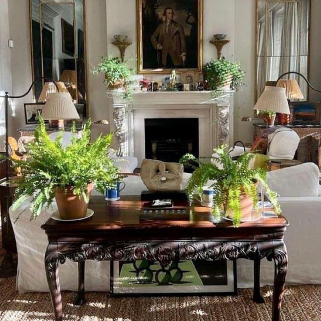 Place Large Ferns on a Dark Wood Console for a Natural Touch