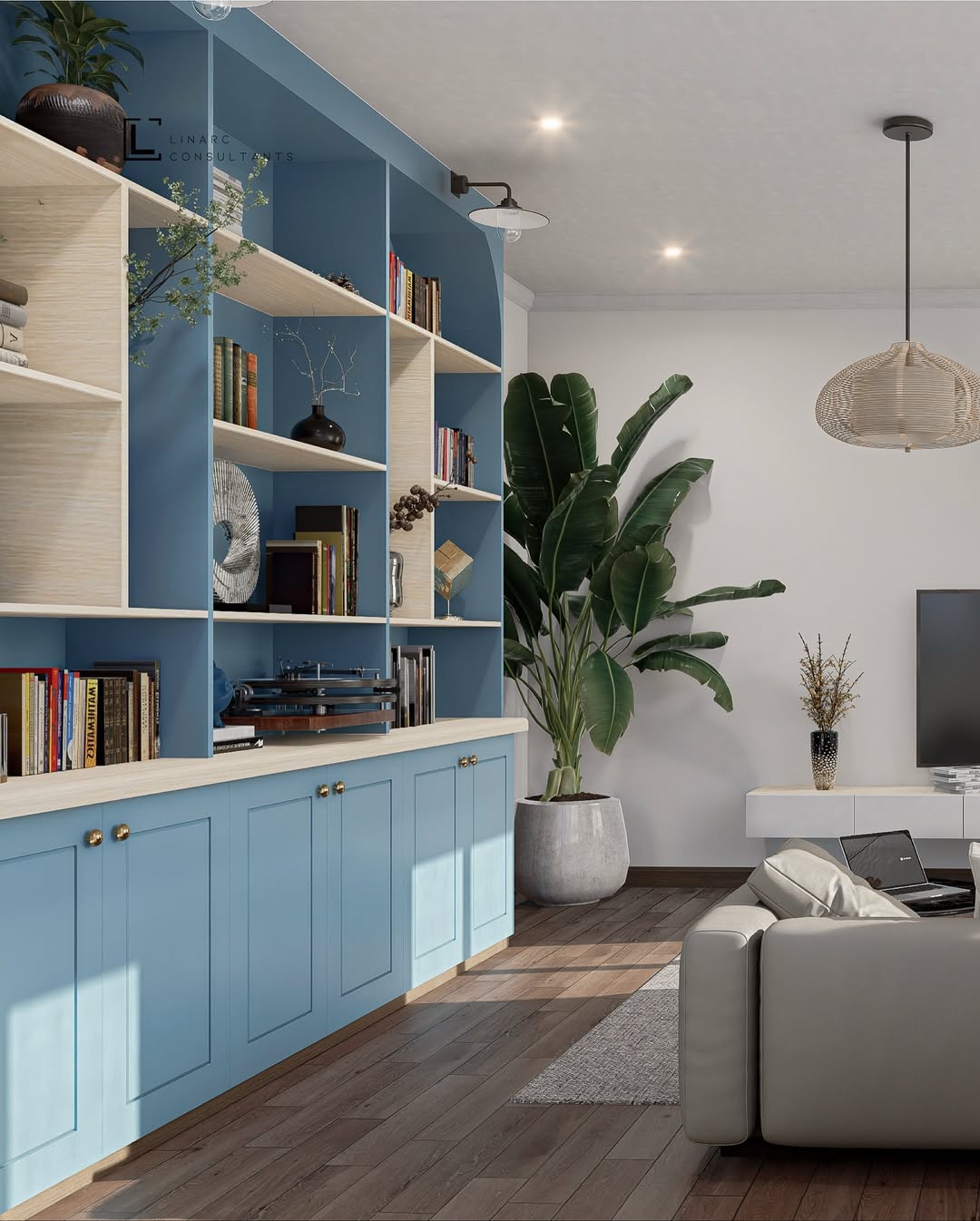 Two-Tone Shelving Balances Bold Blue Cabinets