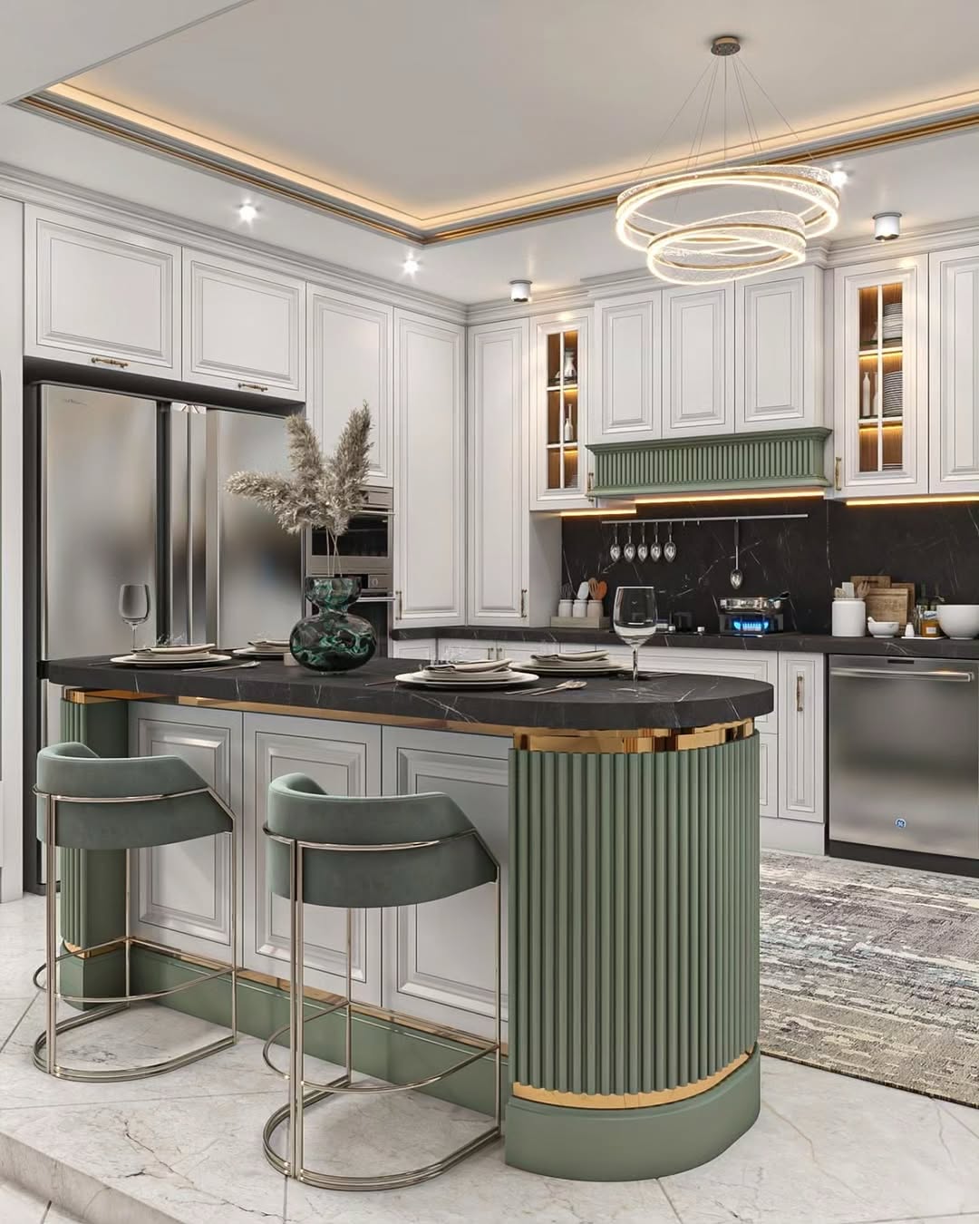Ribbed Green Panels on Island Add a Pop of Color