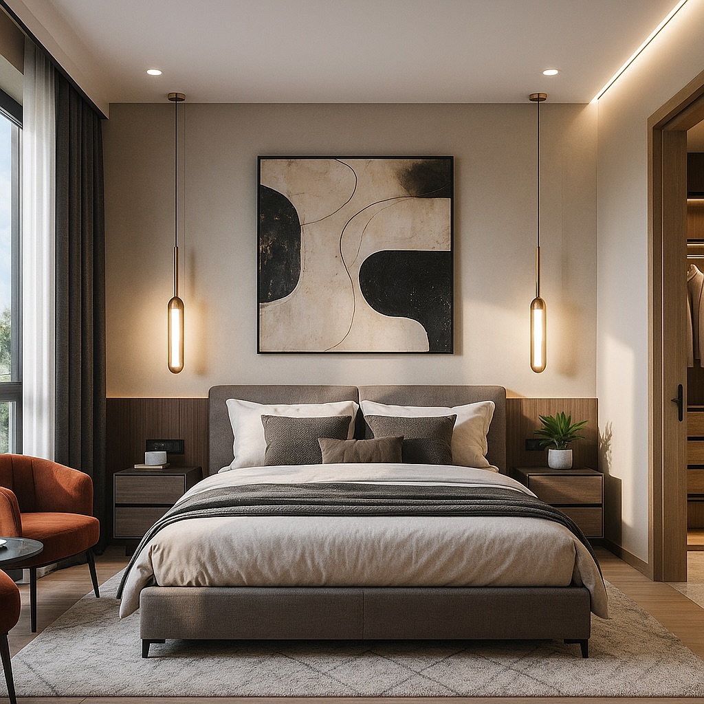 Modern Pendant Lights Flanking Artwork