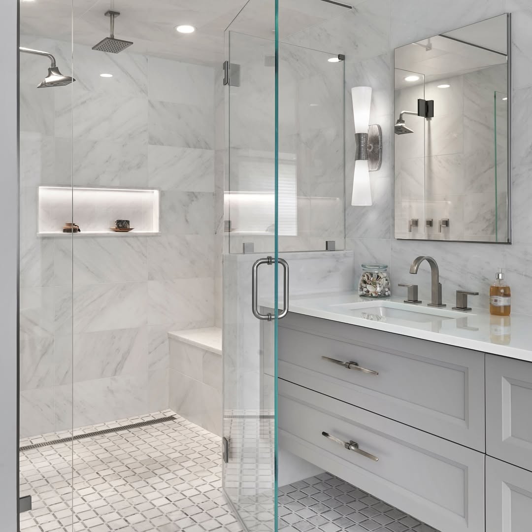 Built-In Shower Bench With White Marble-Look Surface