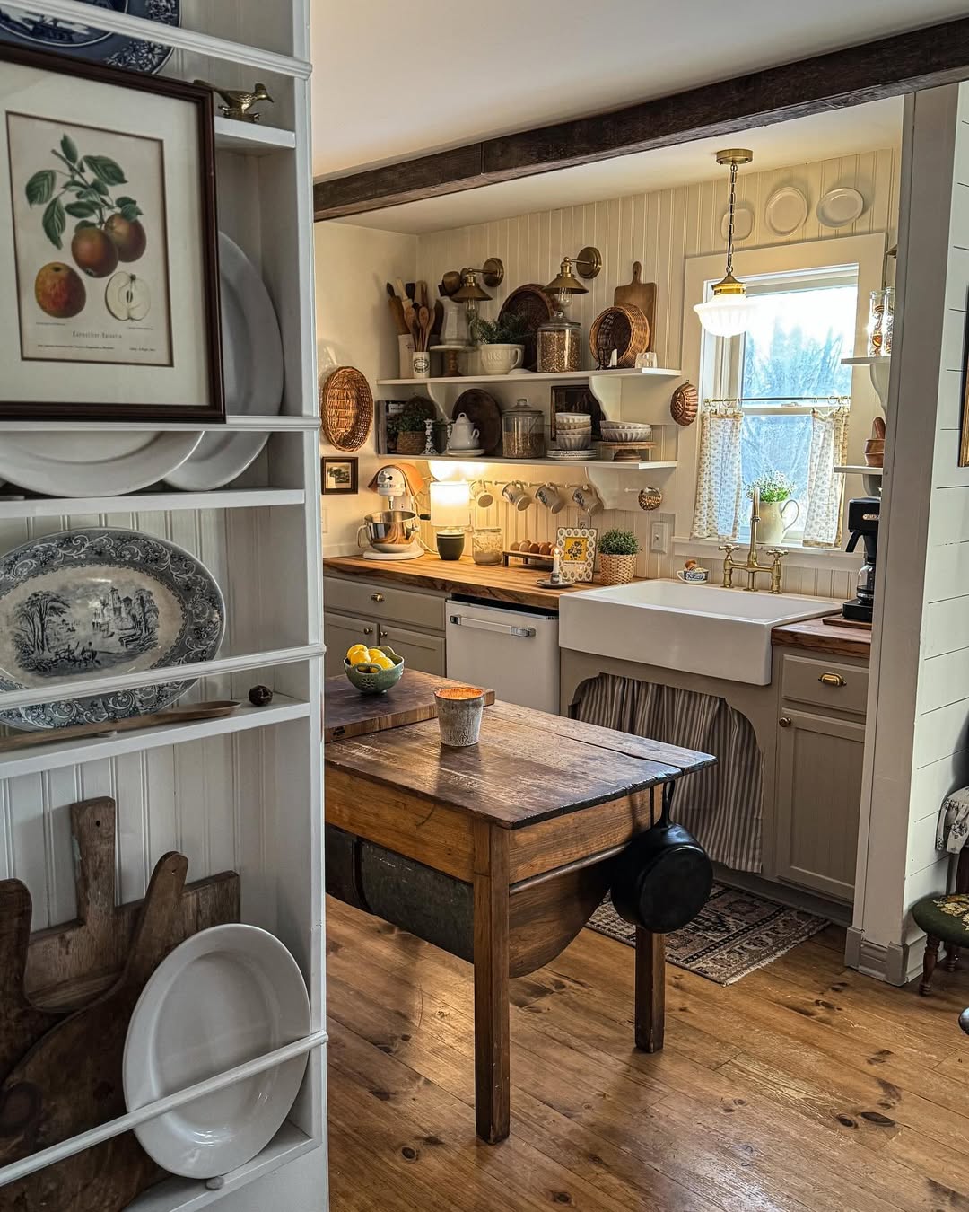 Rustic Wooden Table With Hanging Cast Iron Pan