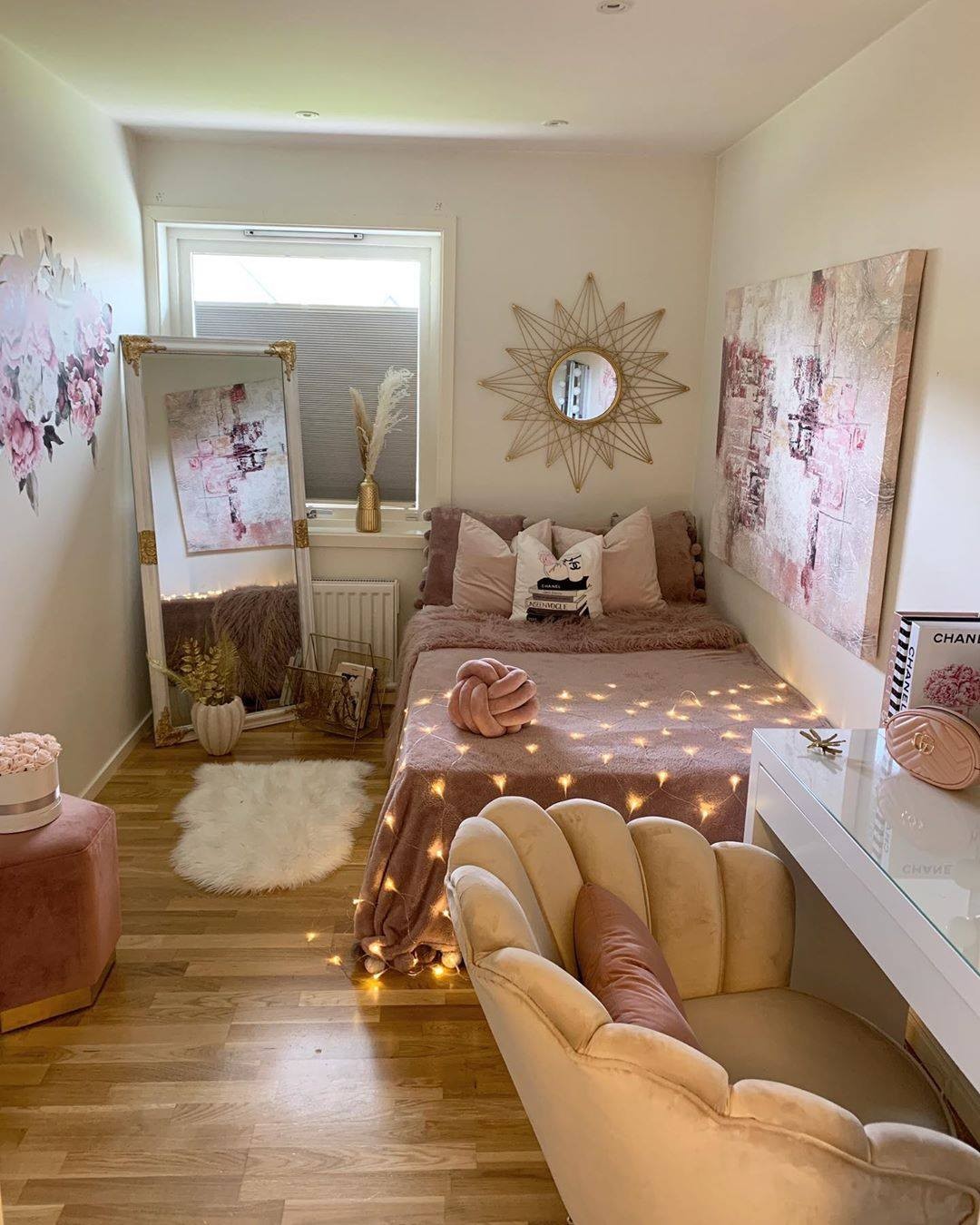 Drape Fairy Lights Over Dusty Pink Bedding for Ambiance