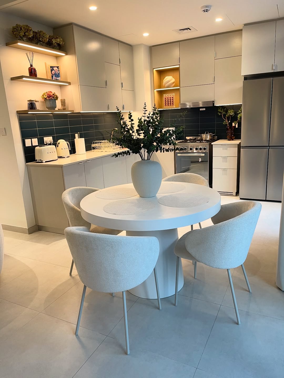 Textured Upholstered Chairs Soften a Modern Dining Set