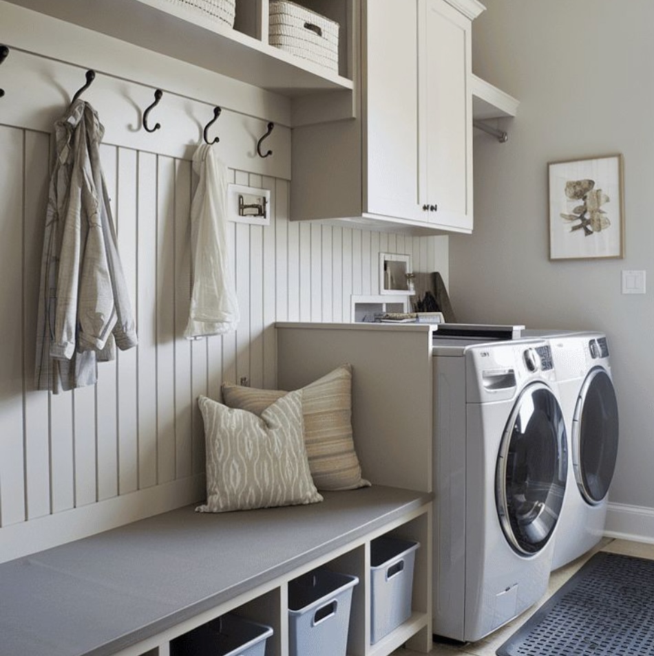 Wall Hooks Above a Built-in Bench for Coats and Bags