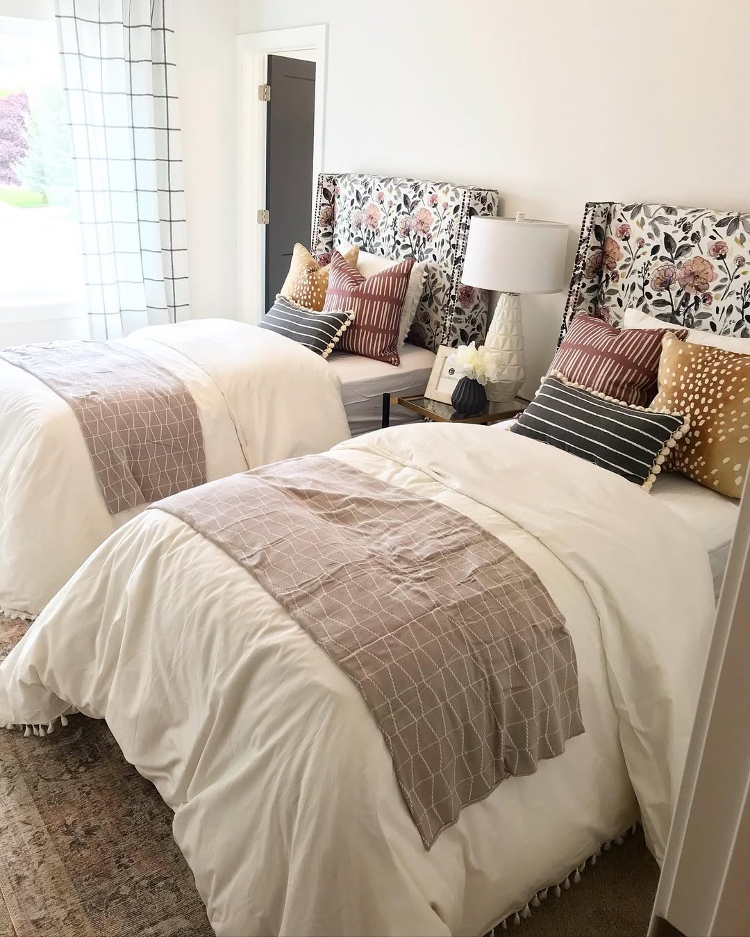 Floral Wingback Headboards Add Pattern Above Twin Beds