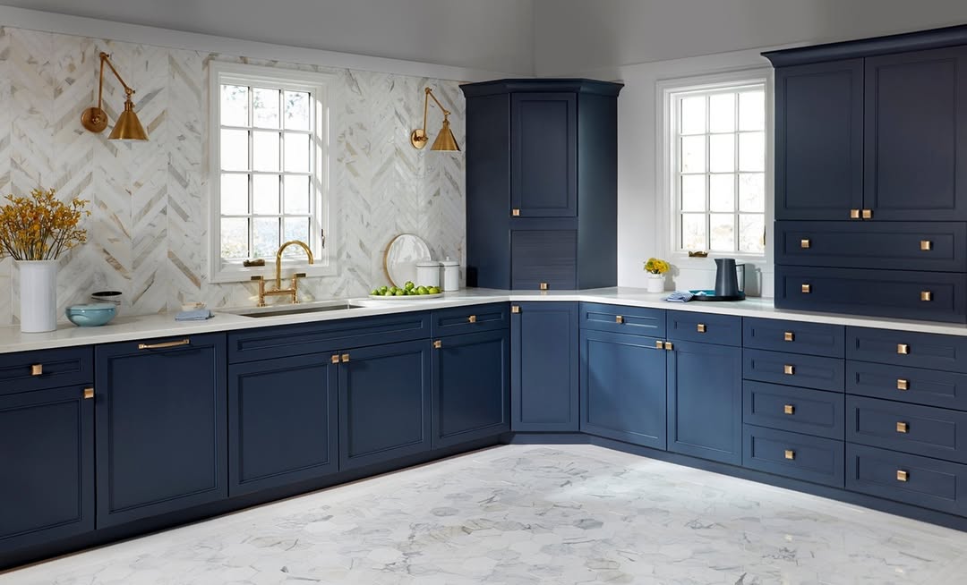Dark Blue Cabinets with Brushed Gold Hardware