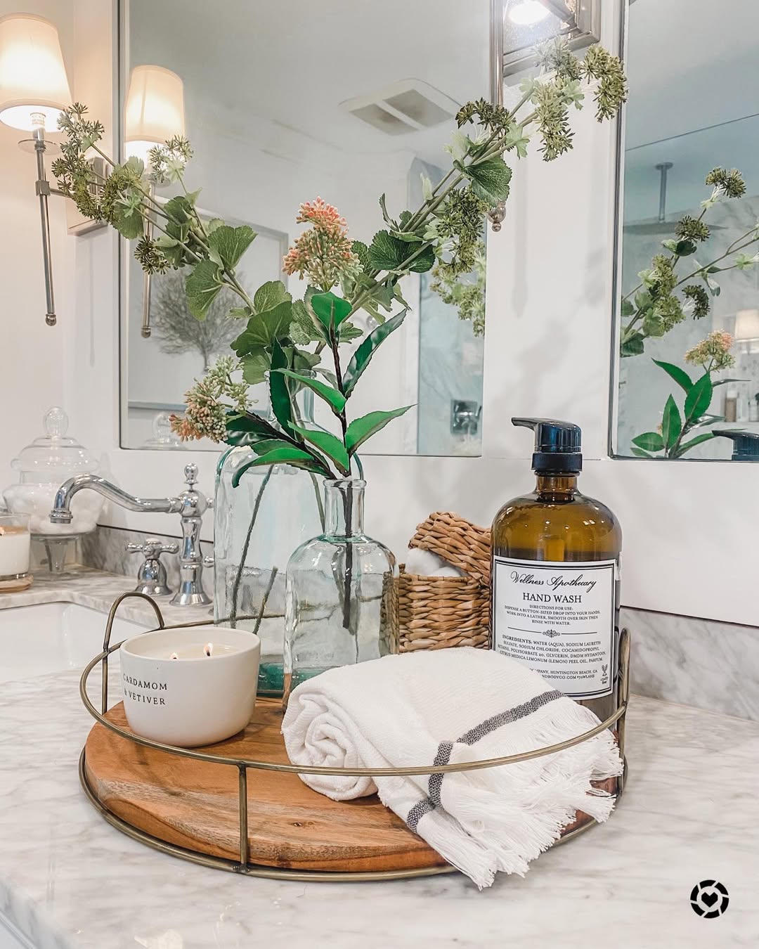 Round Wood Tray With Metal Rim Grounds Hand Wash and Towel