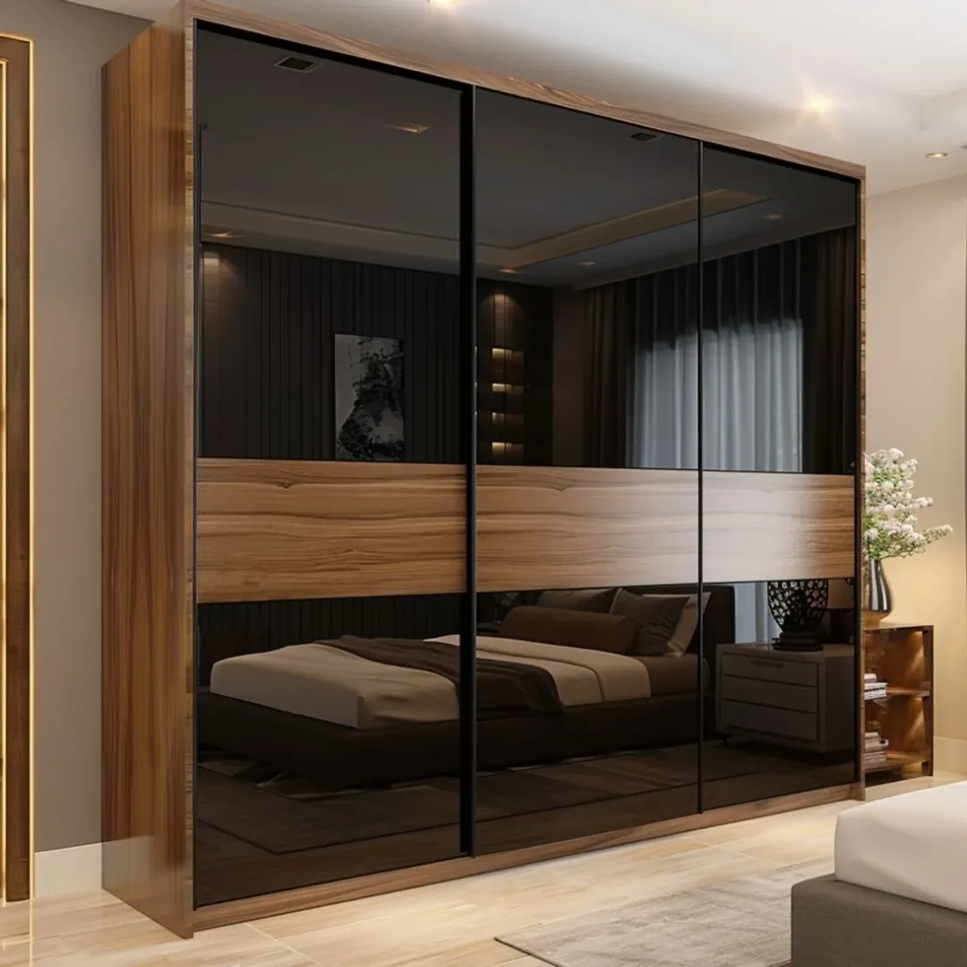 Dark Mirrored Wardrobe Doors with Wood Inlay