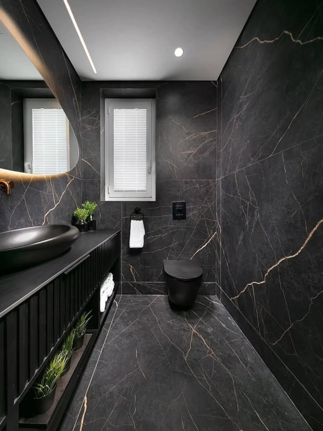 Black Vanity with Open Shelves for Greenery