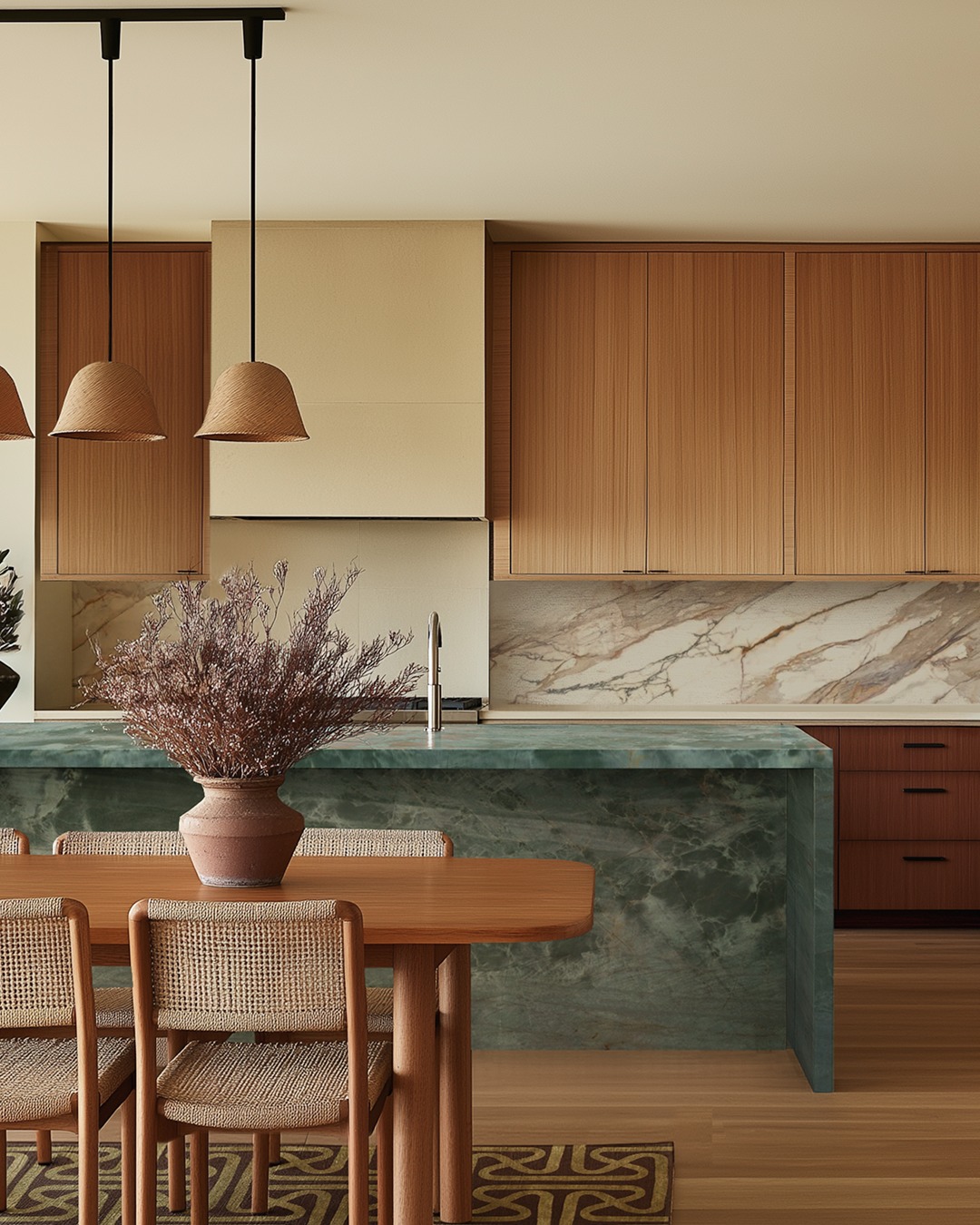 Green Marble Island with Natural Stone Veining