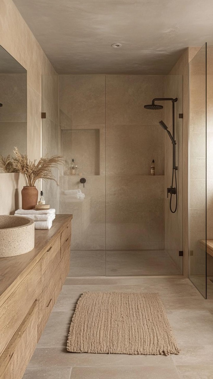 Natural Fiber Mat Adds Softness Beside Wood Vanity