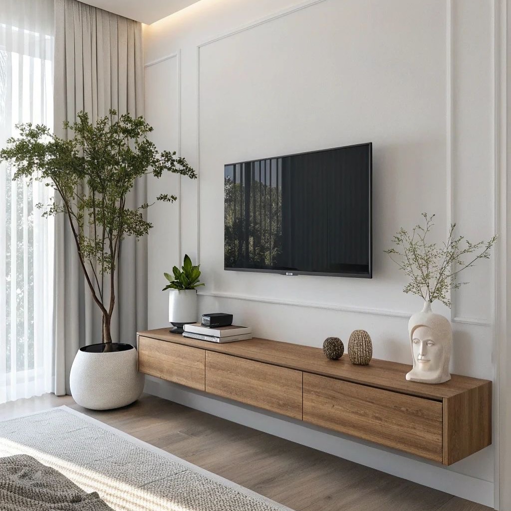 Floating Wood Cabinet with a Statement Vase