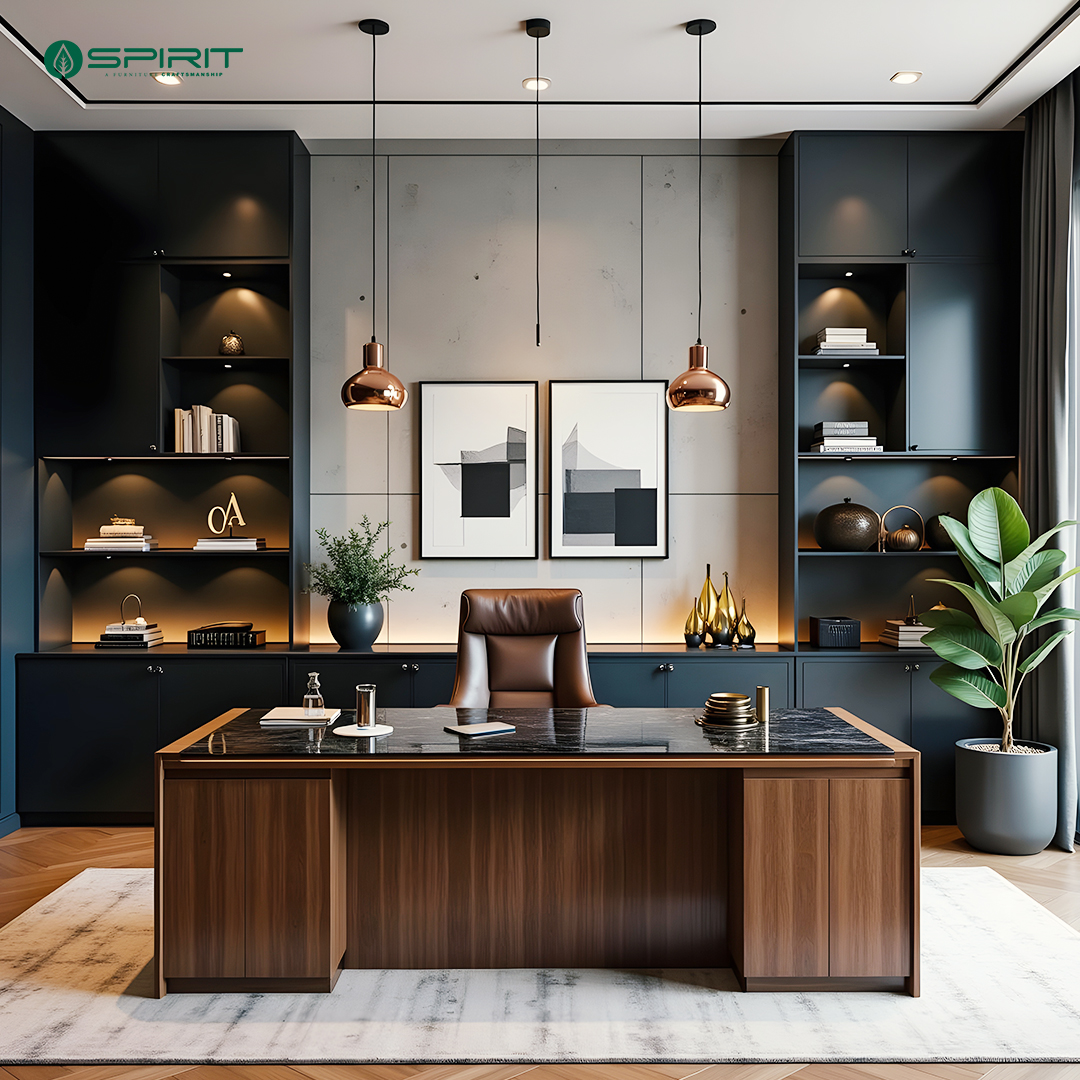 Copper Pendant Lights Add Warmth to Dark Office Shelving