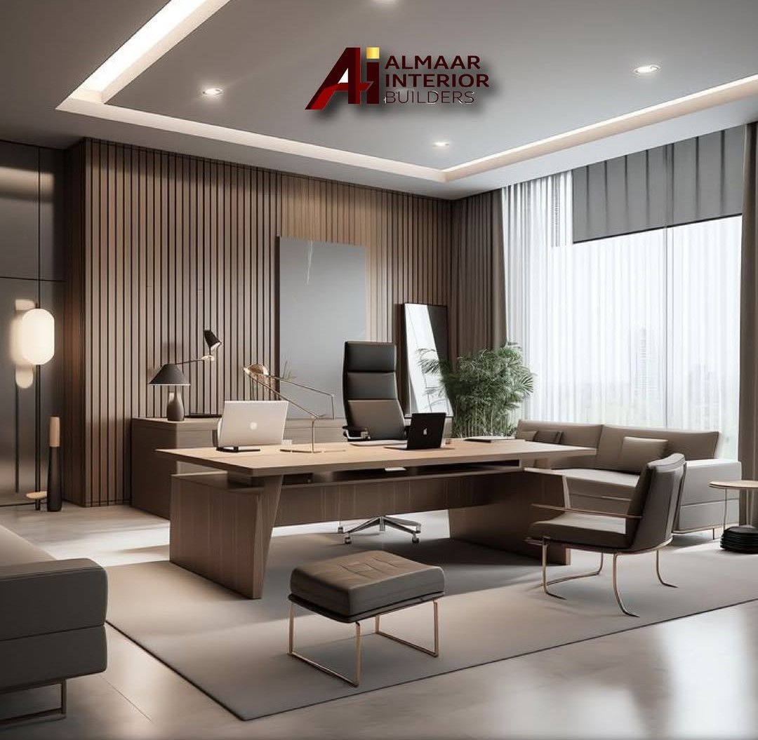 Wood Slat Wall Adds Warm Texture Behind the Desk