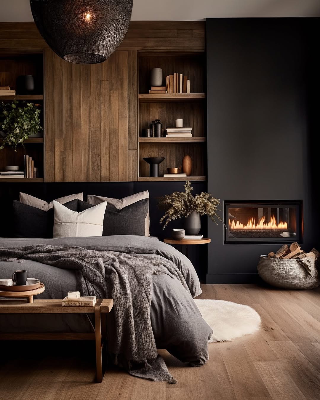 Built-in Shelving Framing a Wood-Paneled Headboard Wall
