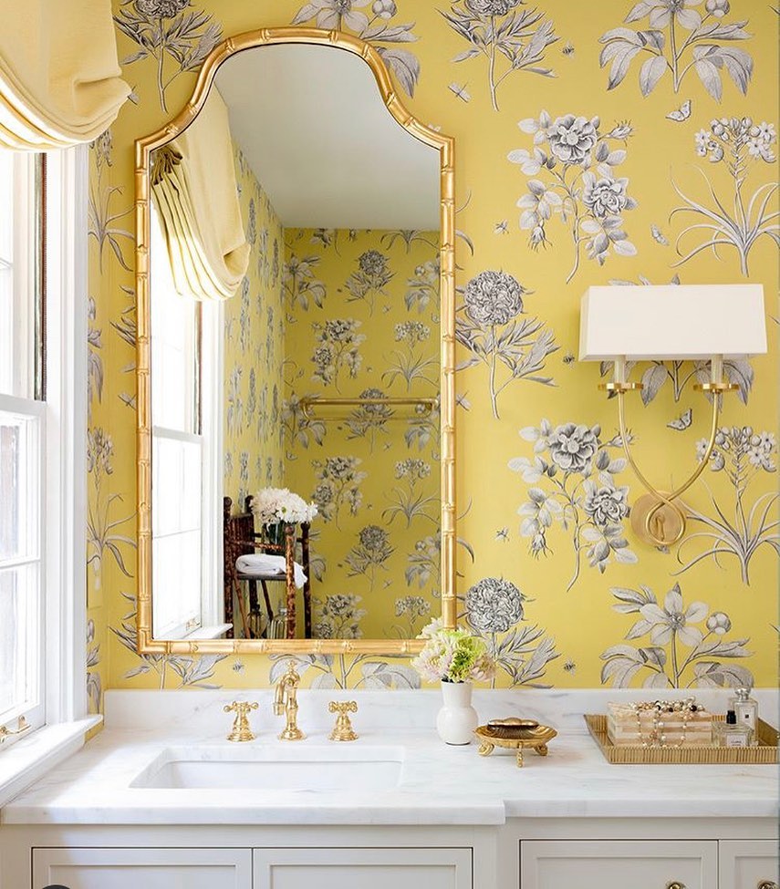 Gold Bamboo Mirror Frames Yellow Floral Wallpaper
