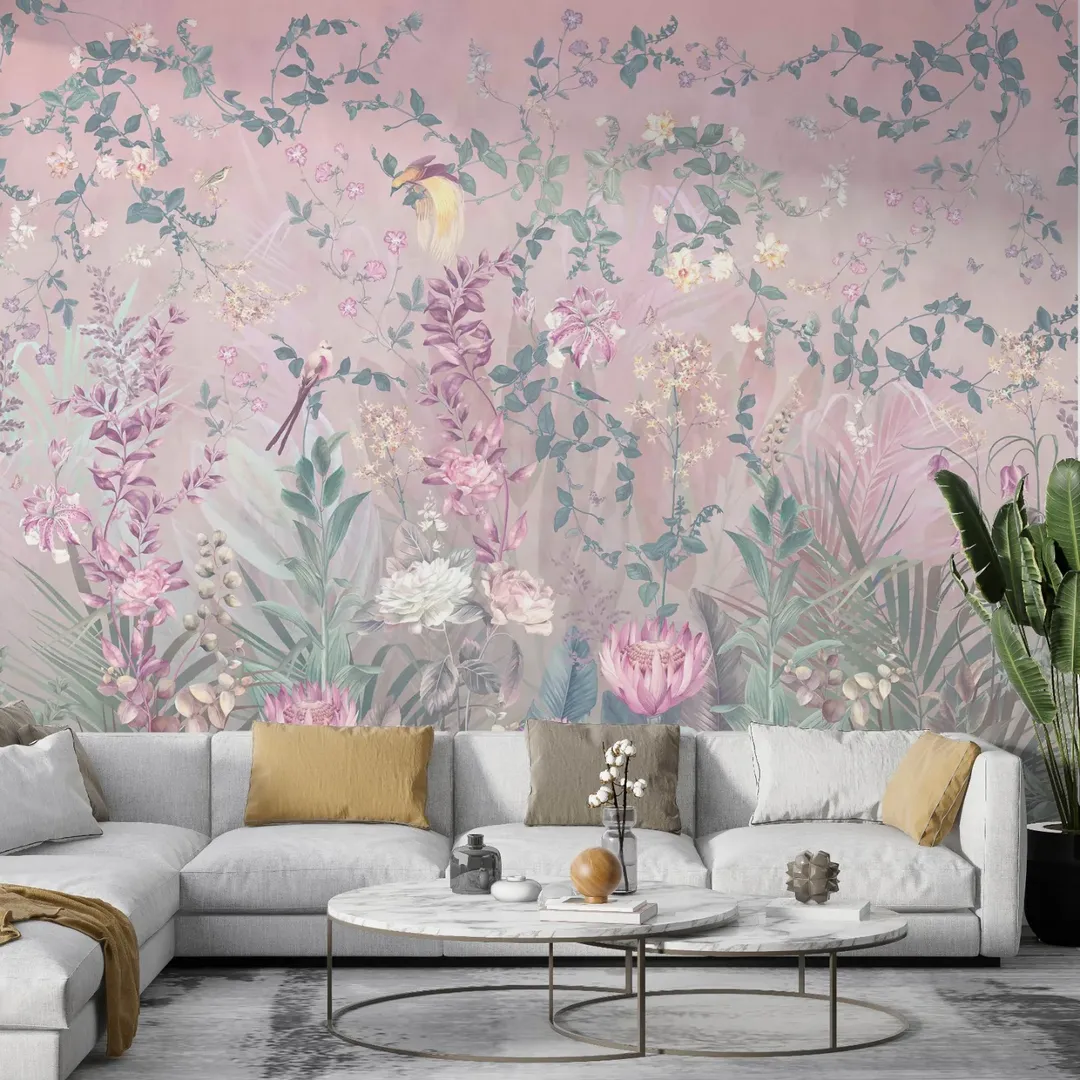 Romantic Garden Mural with Delicate Birds