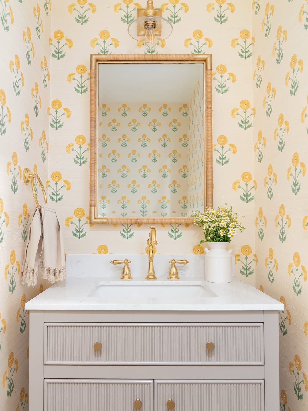 Rattan Mirror Frame Adds Natural Texture Above Vanity