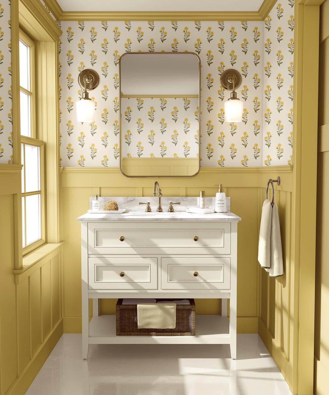 Woven Basket Stores Extra Towels on Open Vanity Shelf