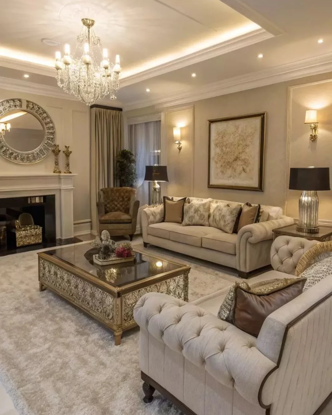 Ornate Gold Coffee Table with Mirrored Panels