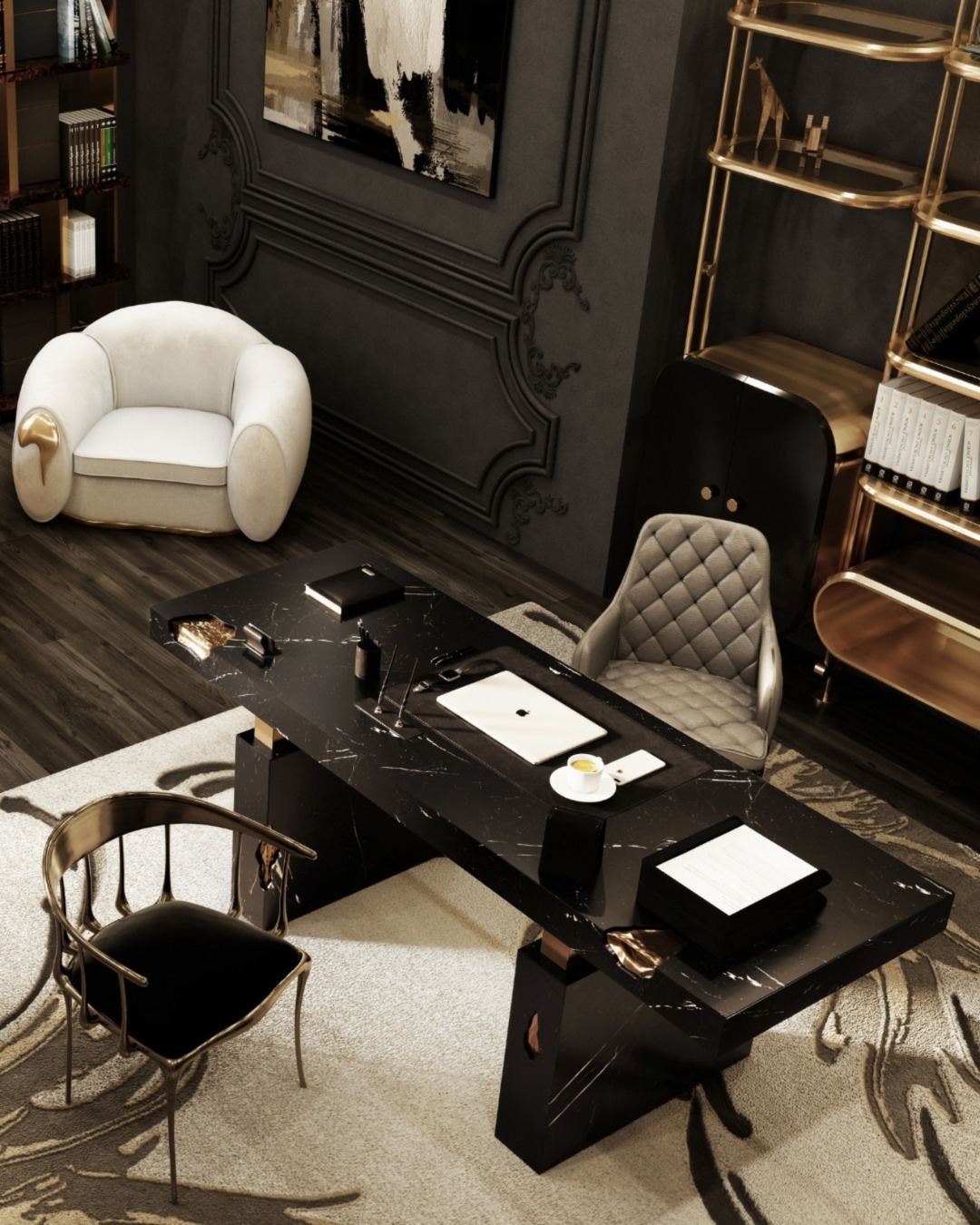 Sculptural Black Desk with Gold Accents
