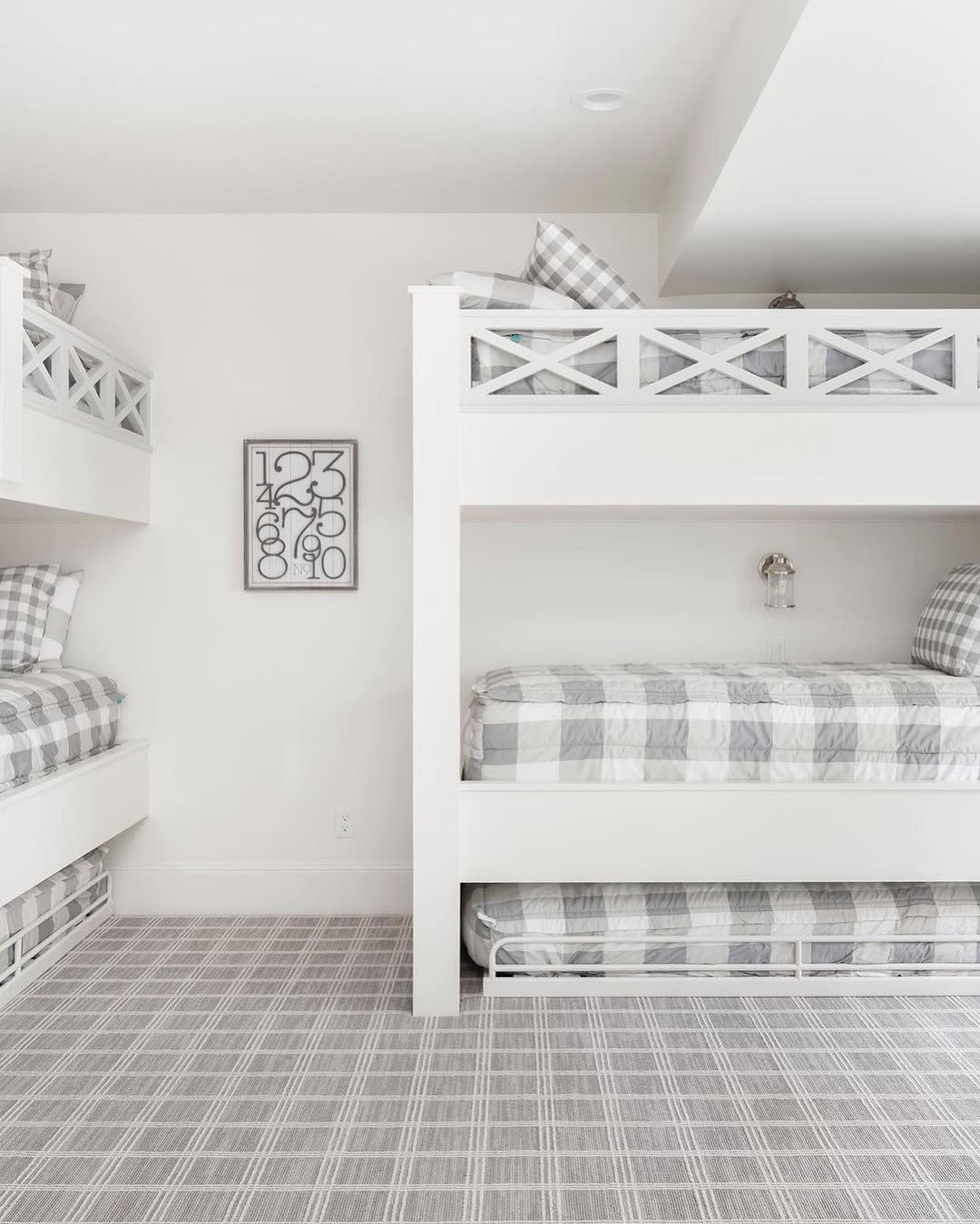 White Bunk Beds with Lattice Railings and Buffalo Check Bedding