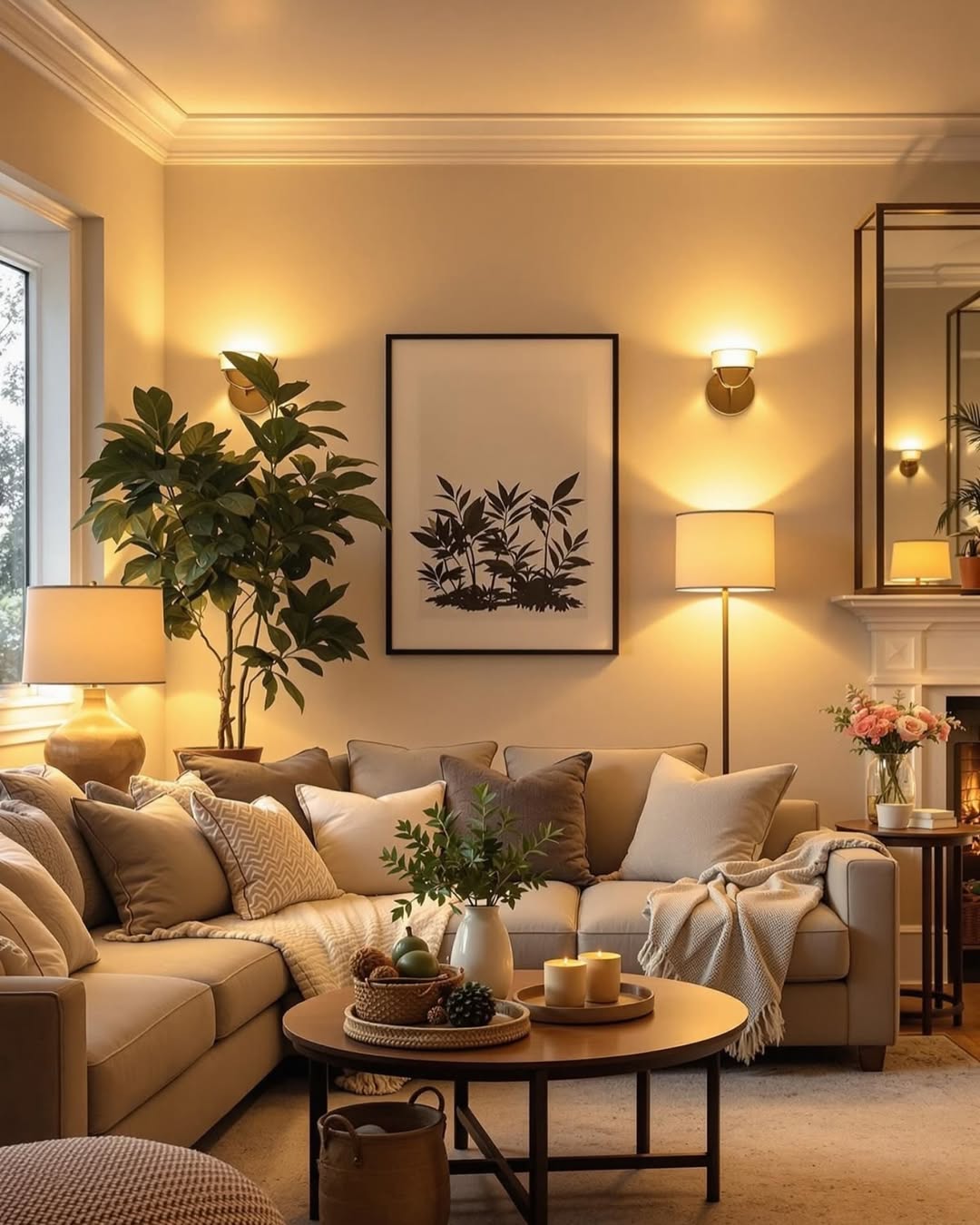 Tall Floor Lamp Adds Warm Accent Lighting Beside Sofa