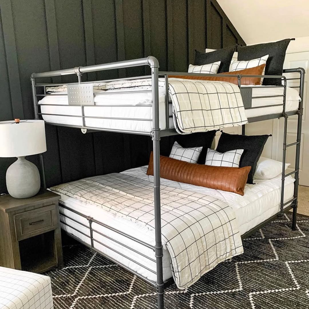 Incorporate Metal Pipe Bunk Beds with Grid Pattern Linens