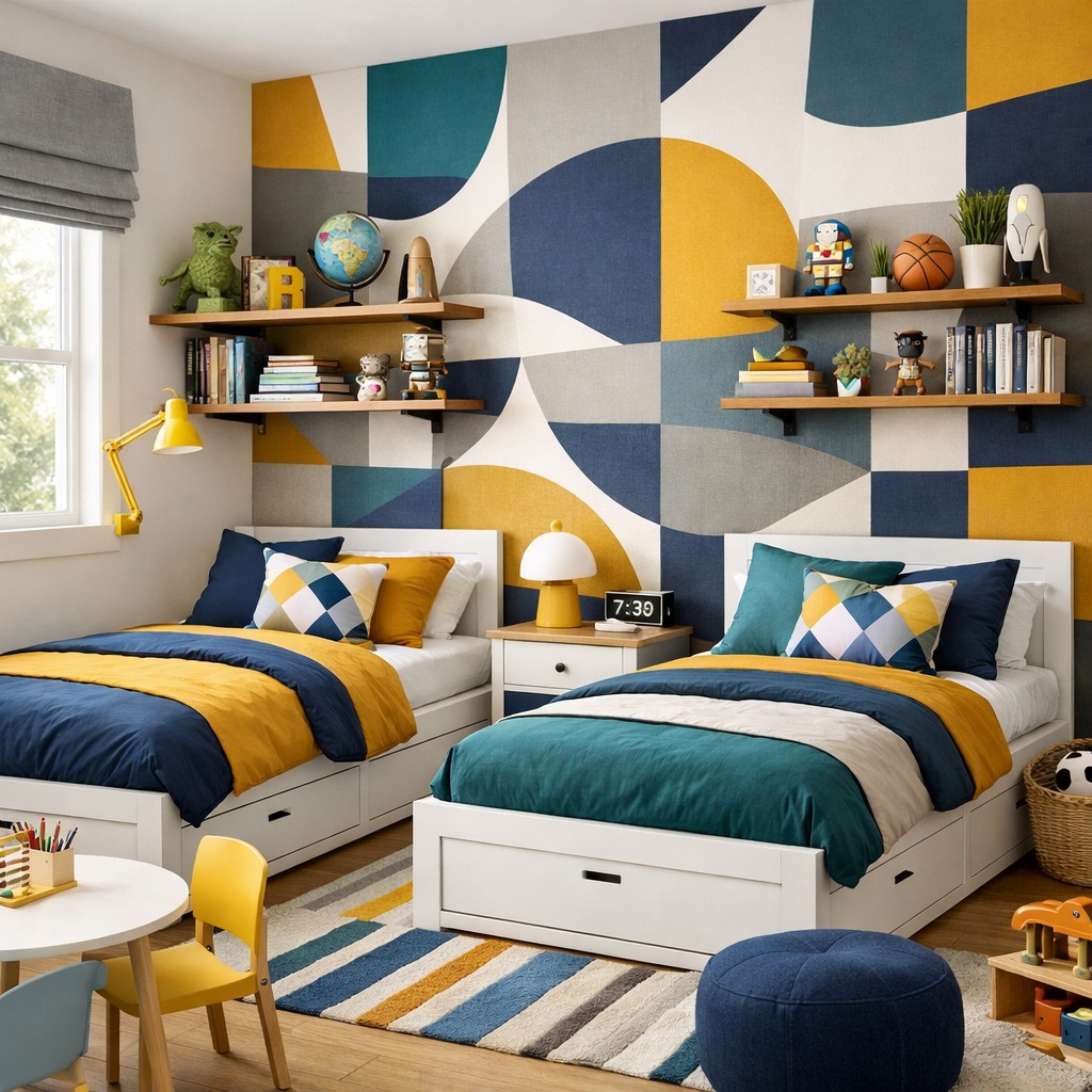 Wooden Shelves Displaying Themed Decor Above Beds