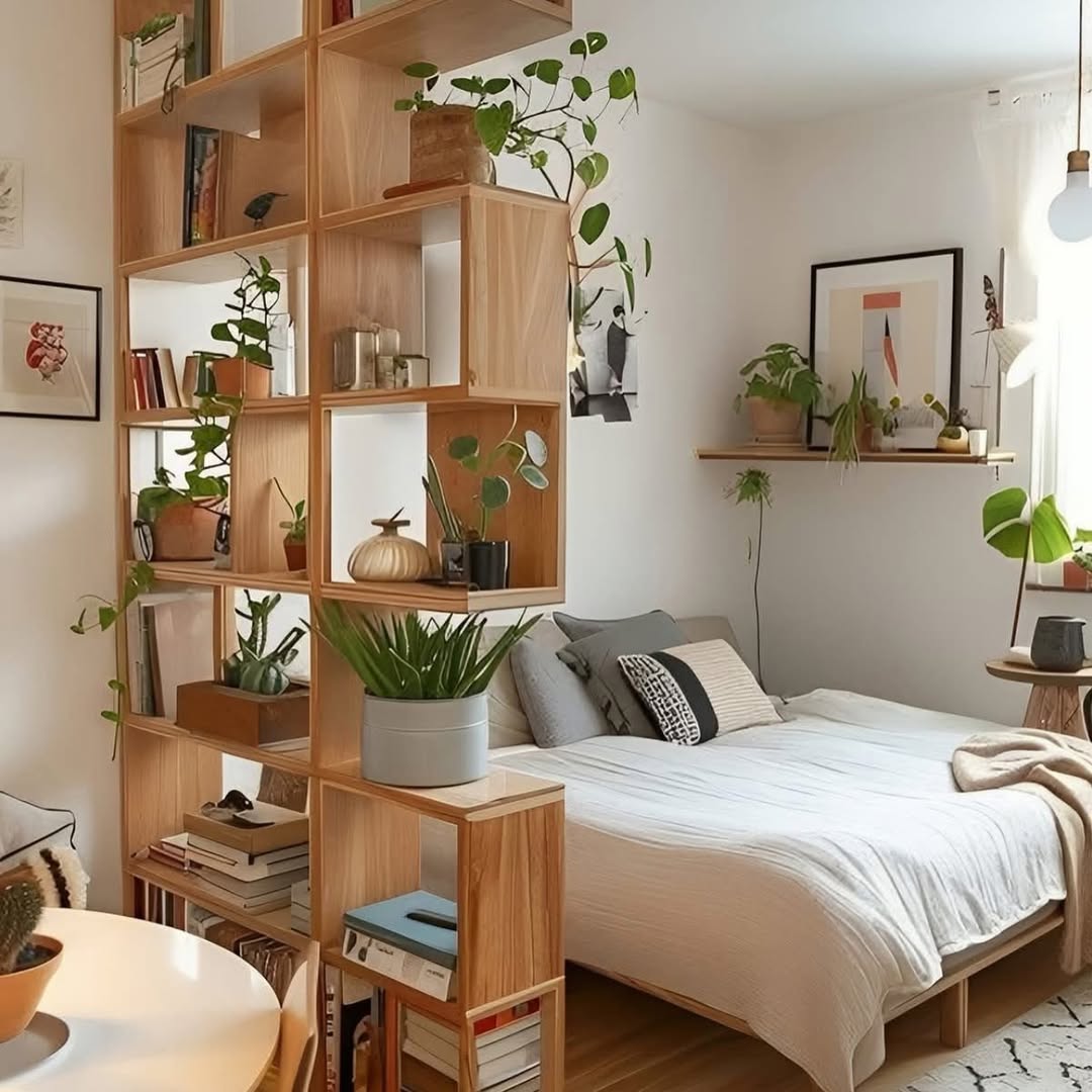 Open Wood Shelving Unit as a Room Divider