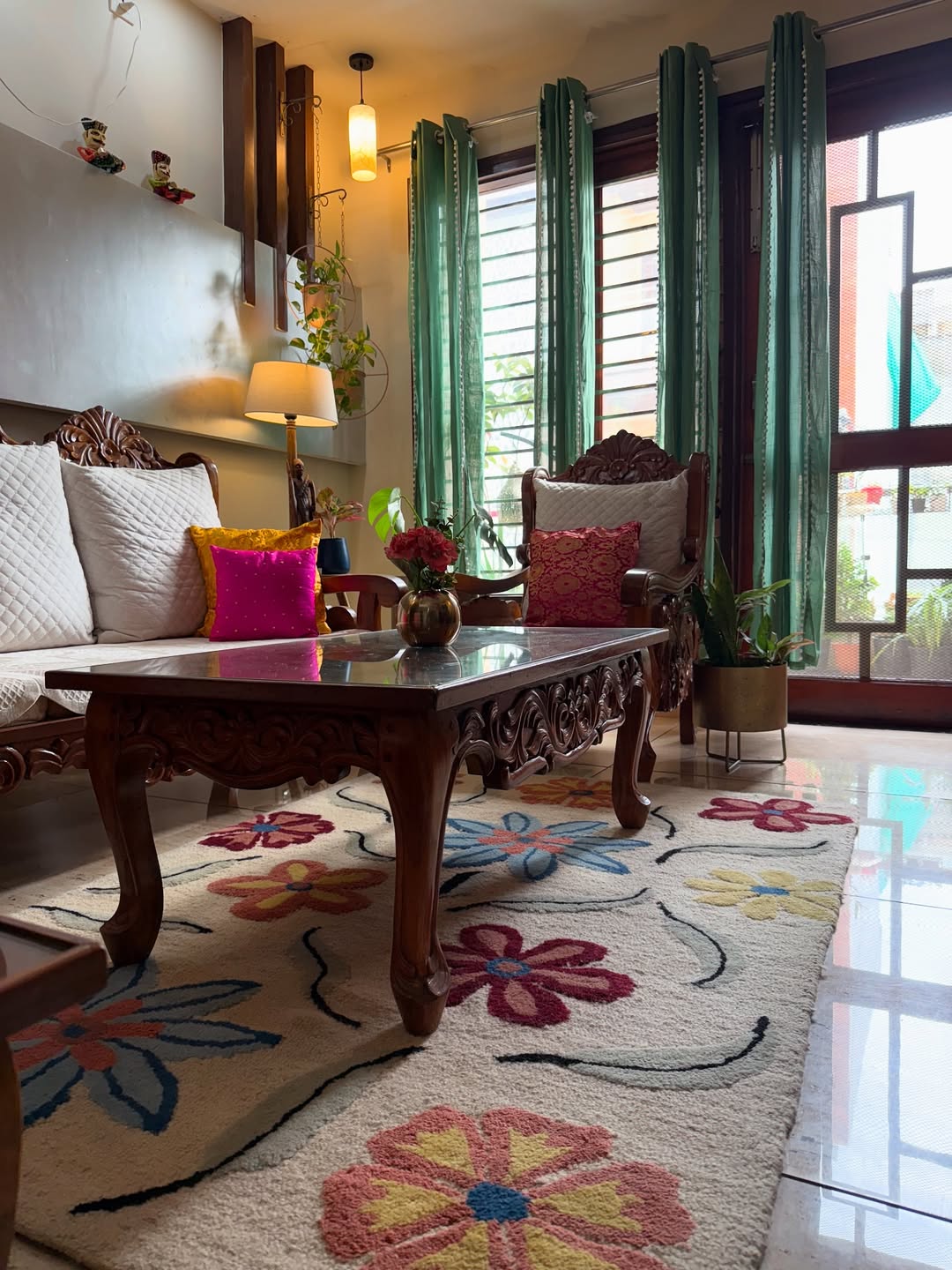 Floral Rug Adds a Cheerful Touch to a Traditional Living Area