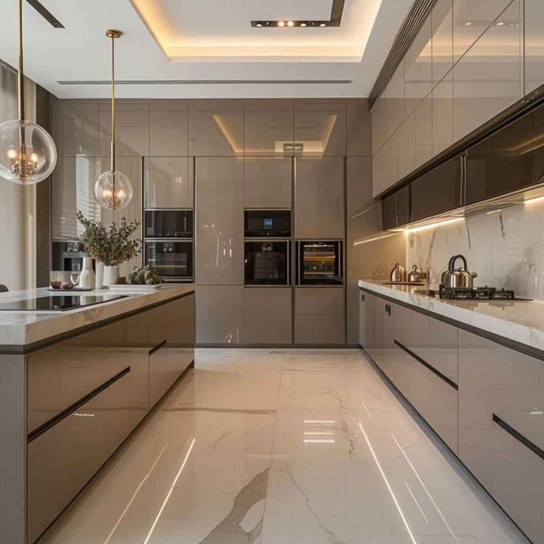 Glossy Taupe Cabinets Create a Sleek, Modern Look