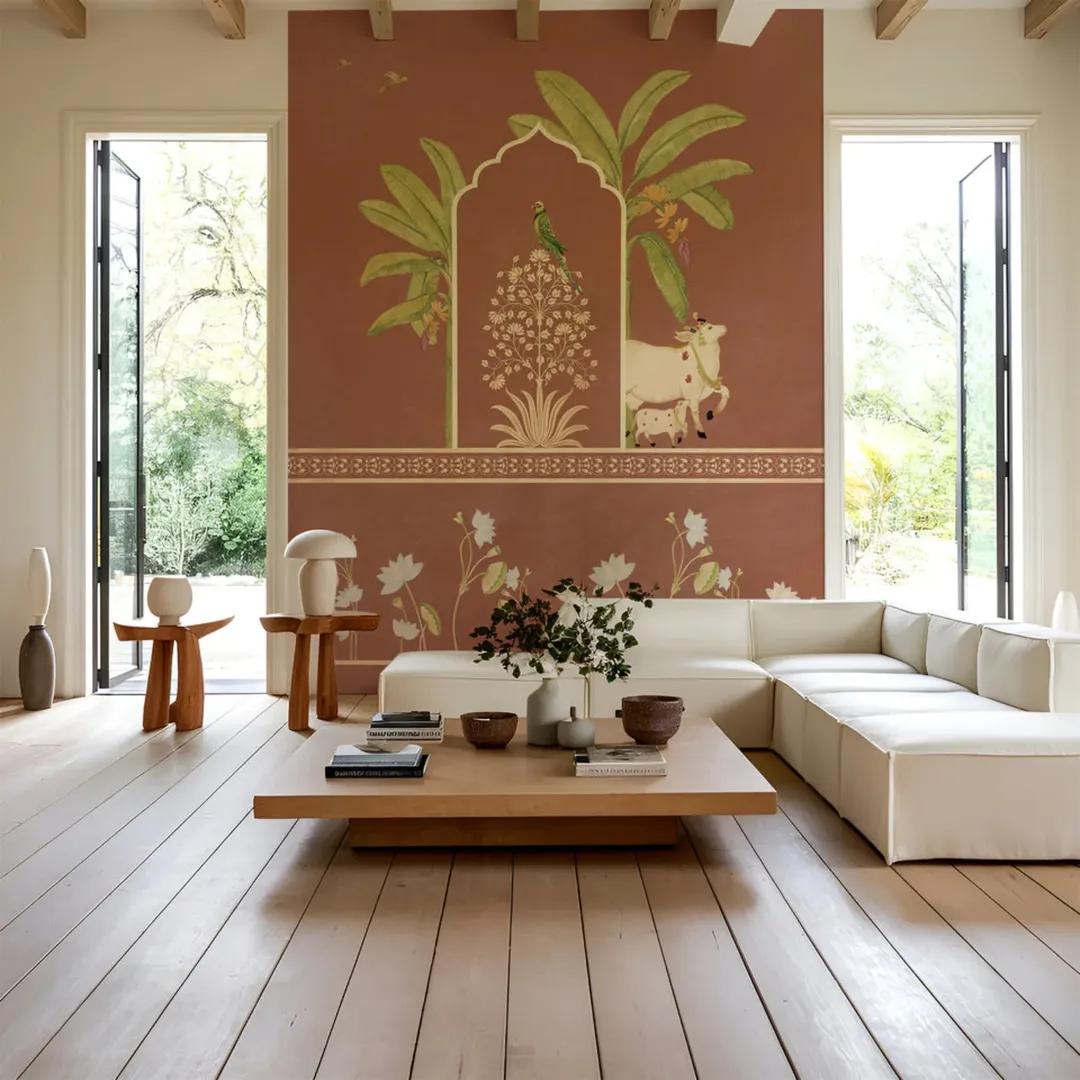Mughal-Inspired Mural with Animals and Archway