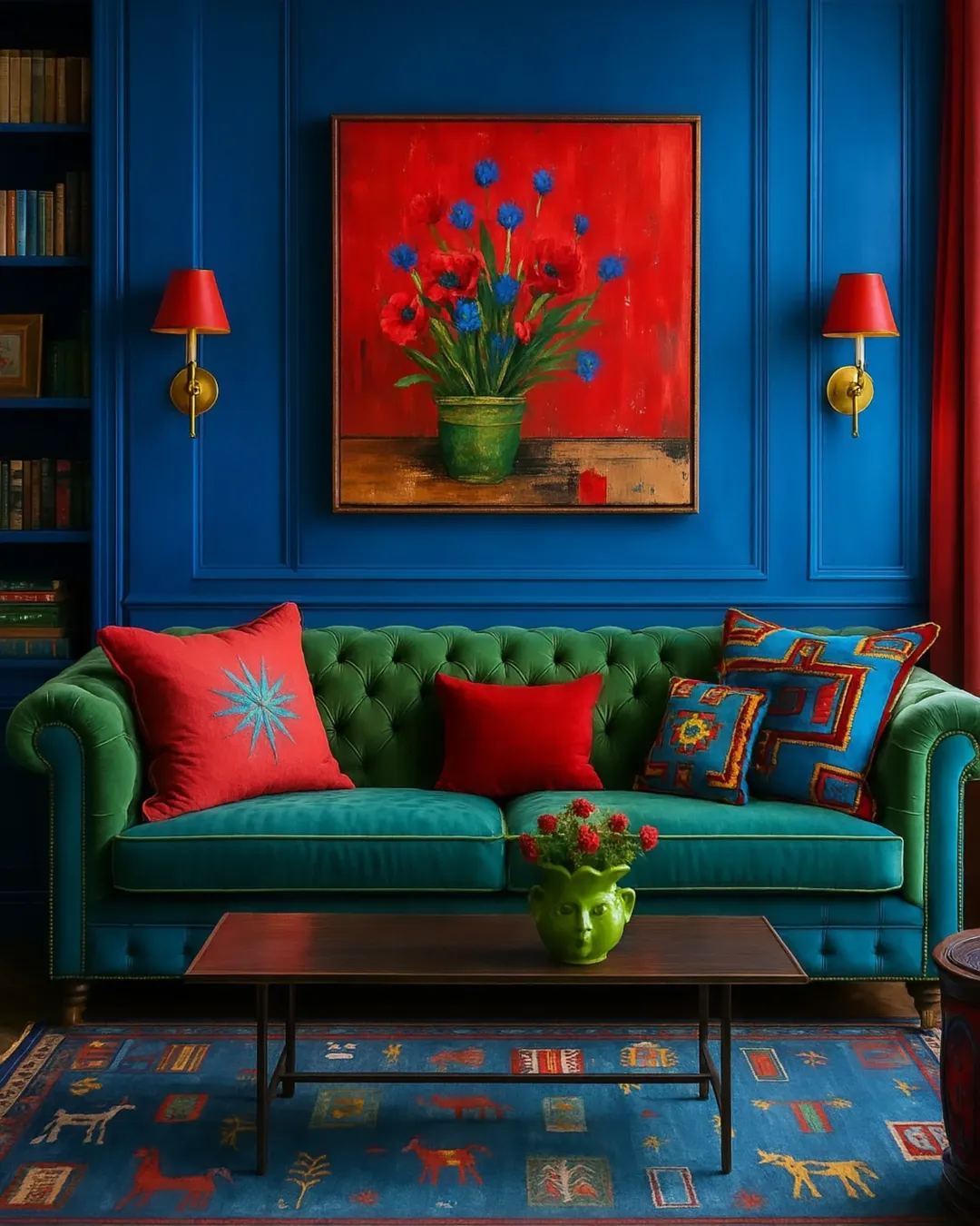 Green Tufted Sofa Anchored by a Bold Floral Painting