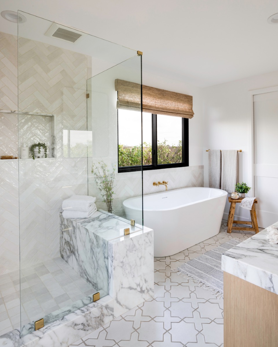 Marble Shower Bench with Built-In Towel Shelf