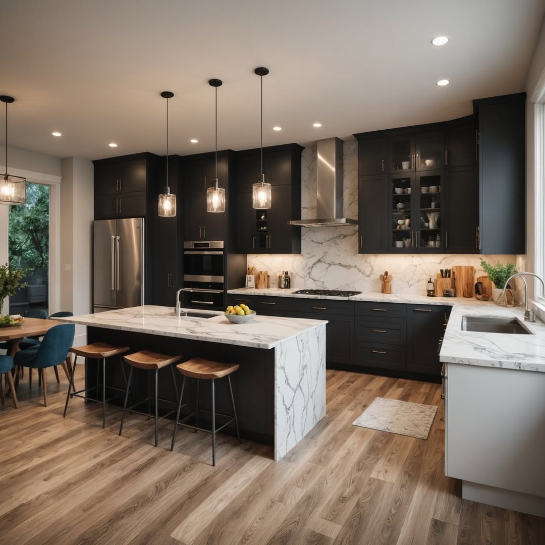 Dark Cabinets with Marble Countertops Create Dramatic Contrast