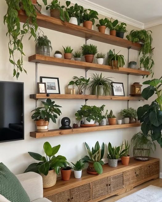 Wooden Shelves and Cabinet Create a Layered Plant Display