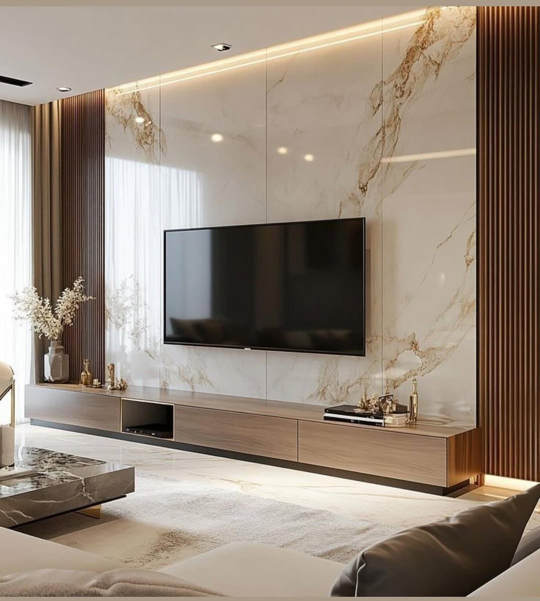 Dramatic Marble Slab with a Wood Media Console