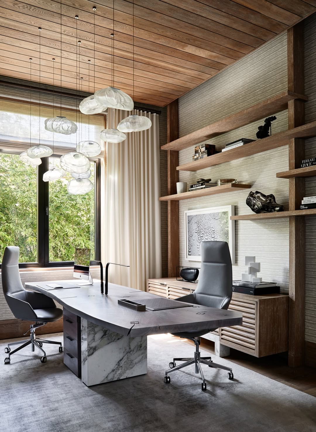 Stone and Wood Desks for a Grounded, Shared Workspace