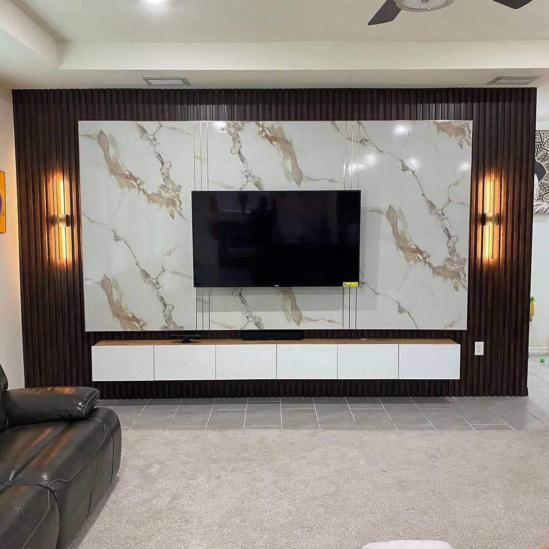 Floating White Cabinets Hide Media Clutter Behind Wood Slats