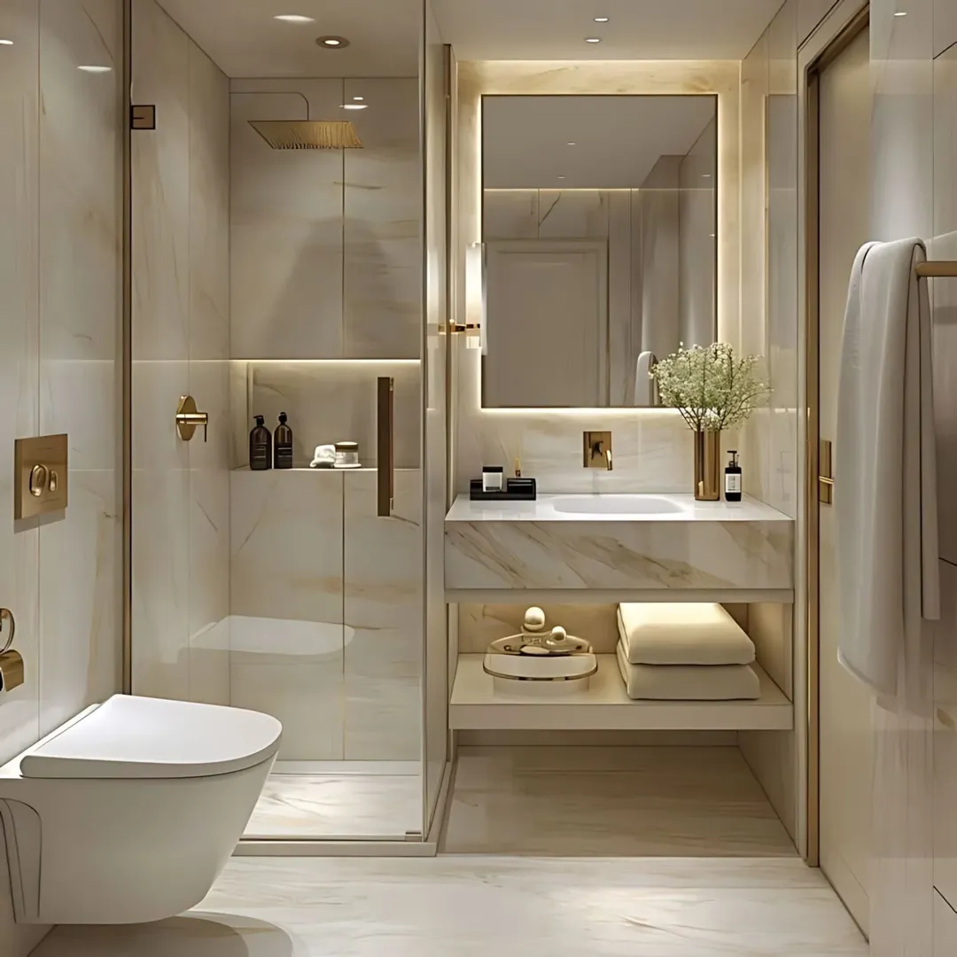 Marble Vanity With Open Shelving for Towels and Decor