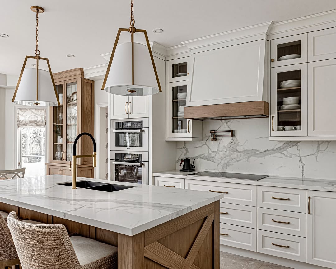 Large Cone Pendant Lights With Gold Frames Define The Island
