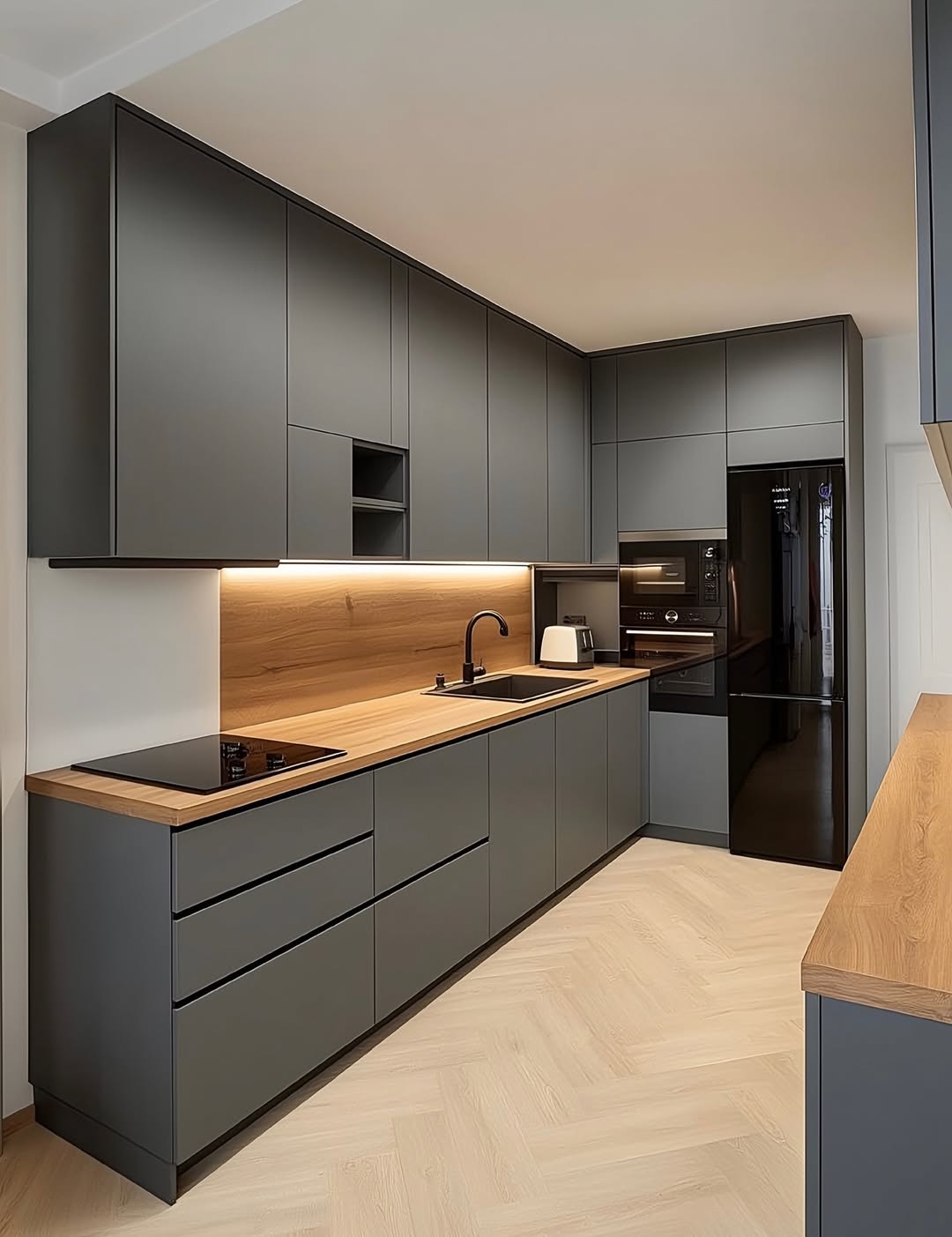 Matte Grey Cabinets Pair with Natural Wood Countertops
