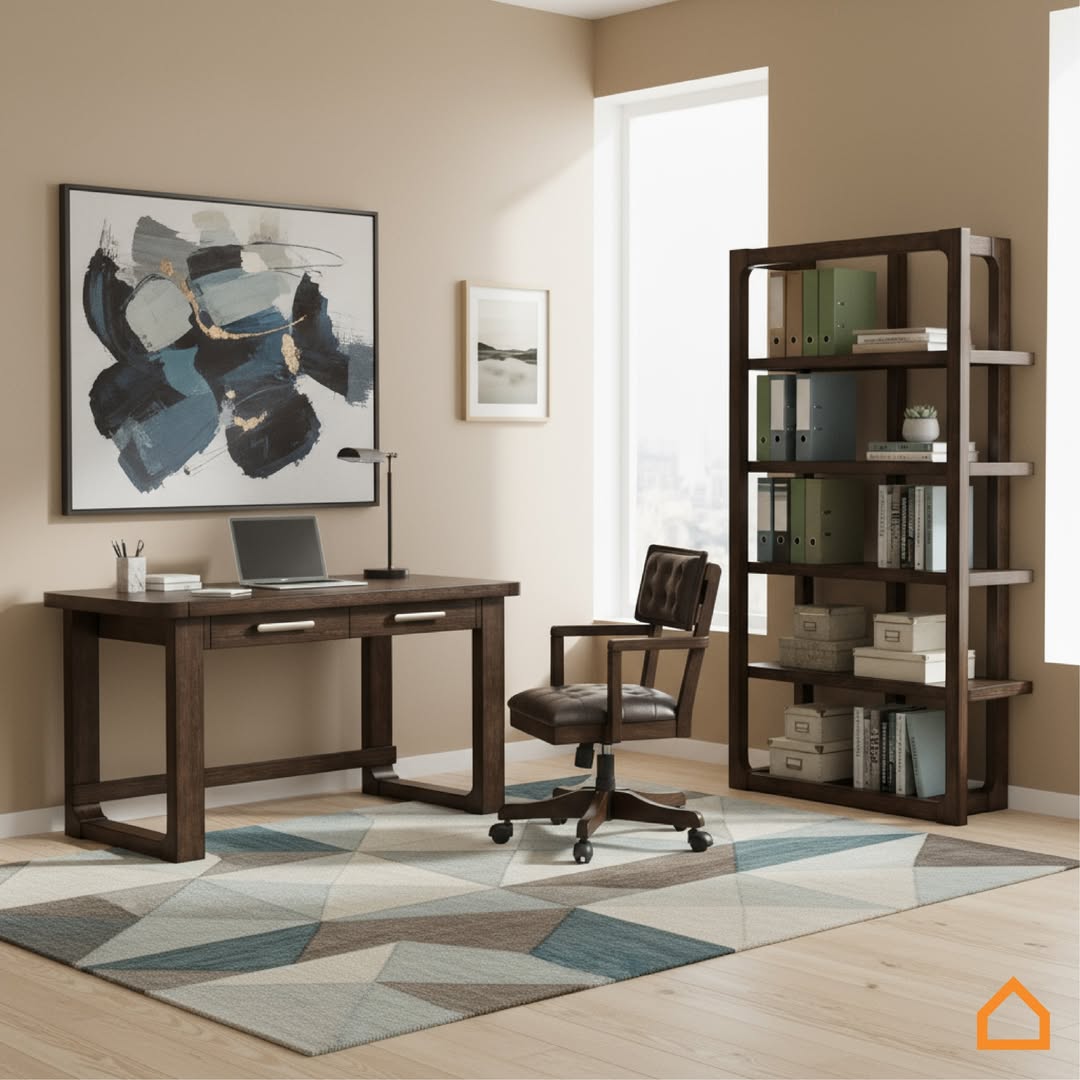Geometric Rug Anchors Desk and Chair Area