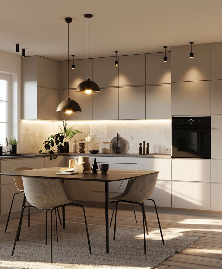 Black Dome Pendants Create Warm Ambiance Over Dining Area